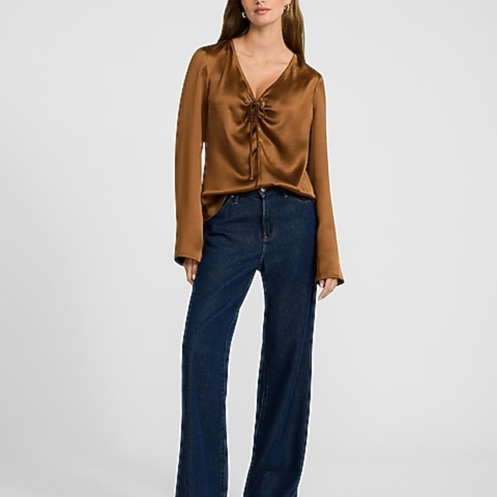 Express Satin V-Neck Bow Front Top